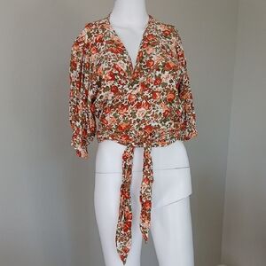 Faithfull the Brand Floral Wrap Blouse - Orange and Green